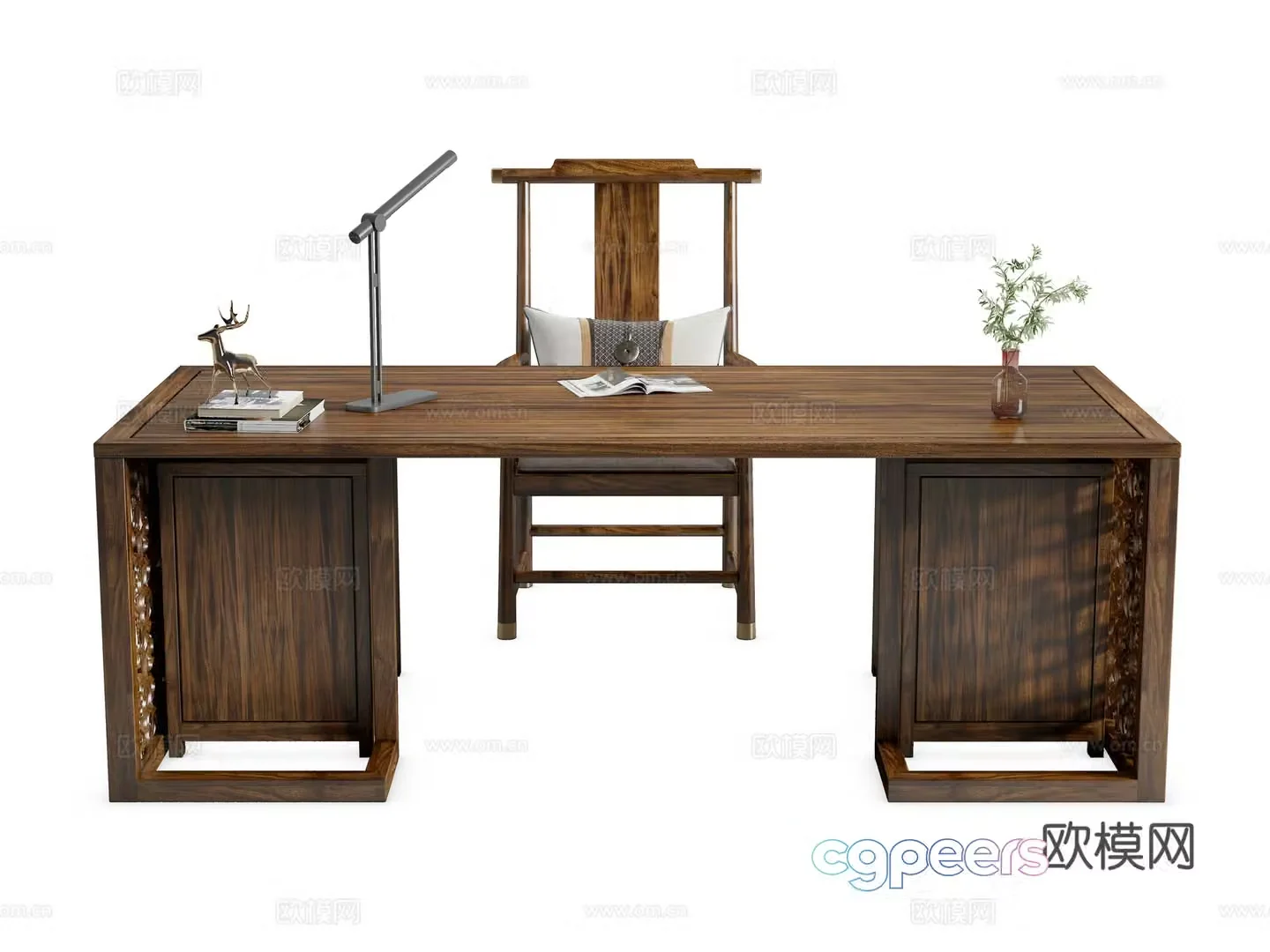 New Chinese style desk and chair solid wood desk and chair combination black gold wooden desk and chair calligraphy desk and chair 3D model