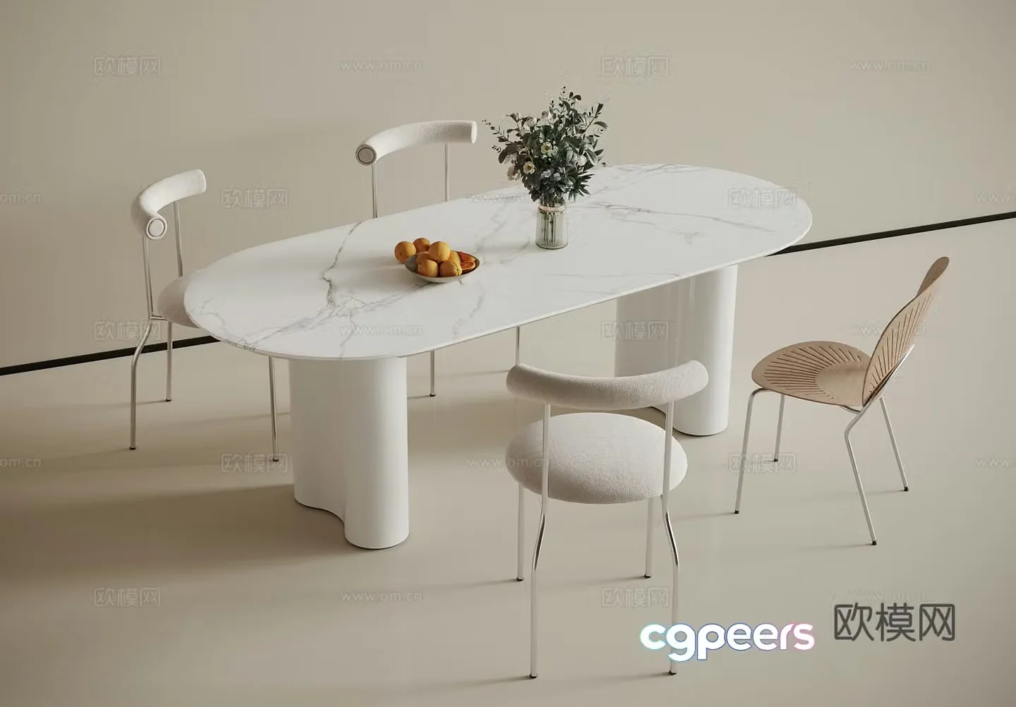Modern cream dining table and chair combination 3D model