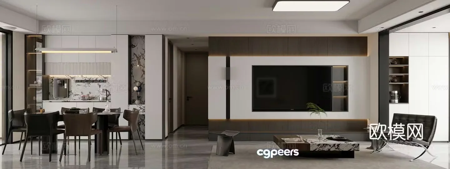 Modern living and dining room 3d model