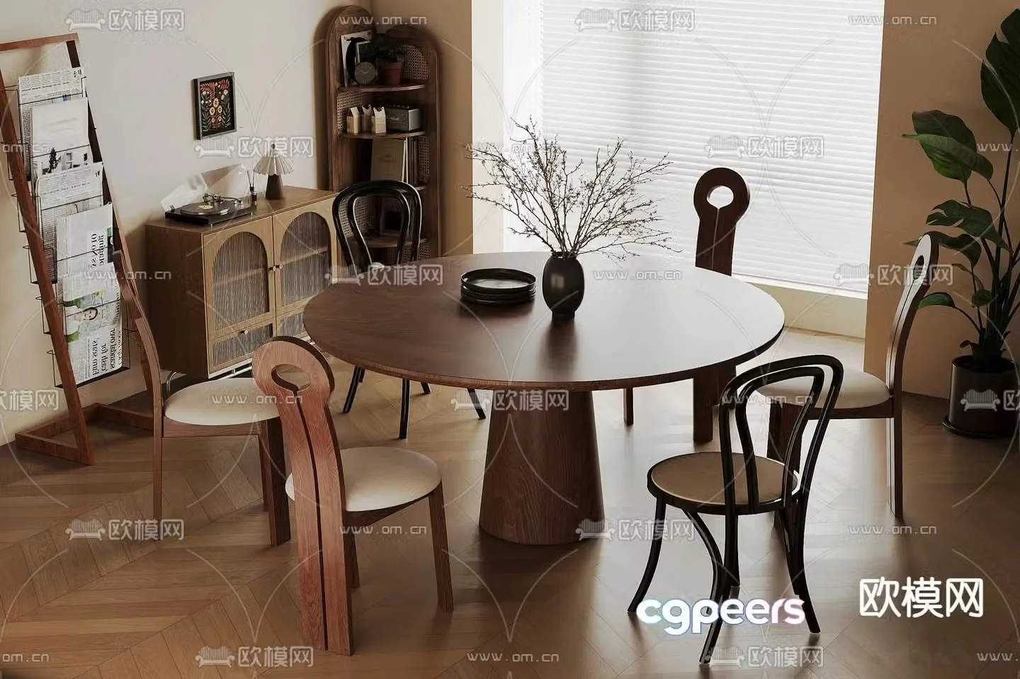 Medium style dining table and chairs round dining table 3D model