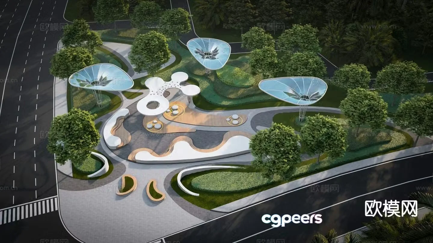 Modern curve pocket park street corner green space park 3d model