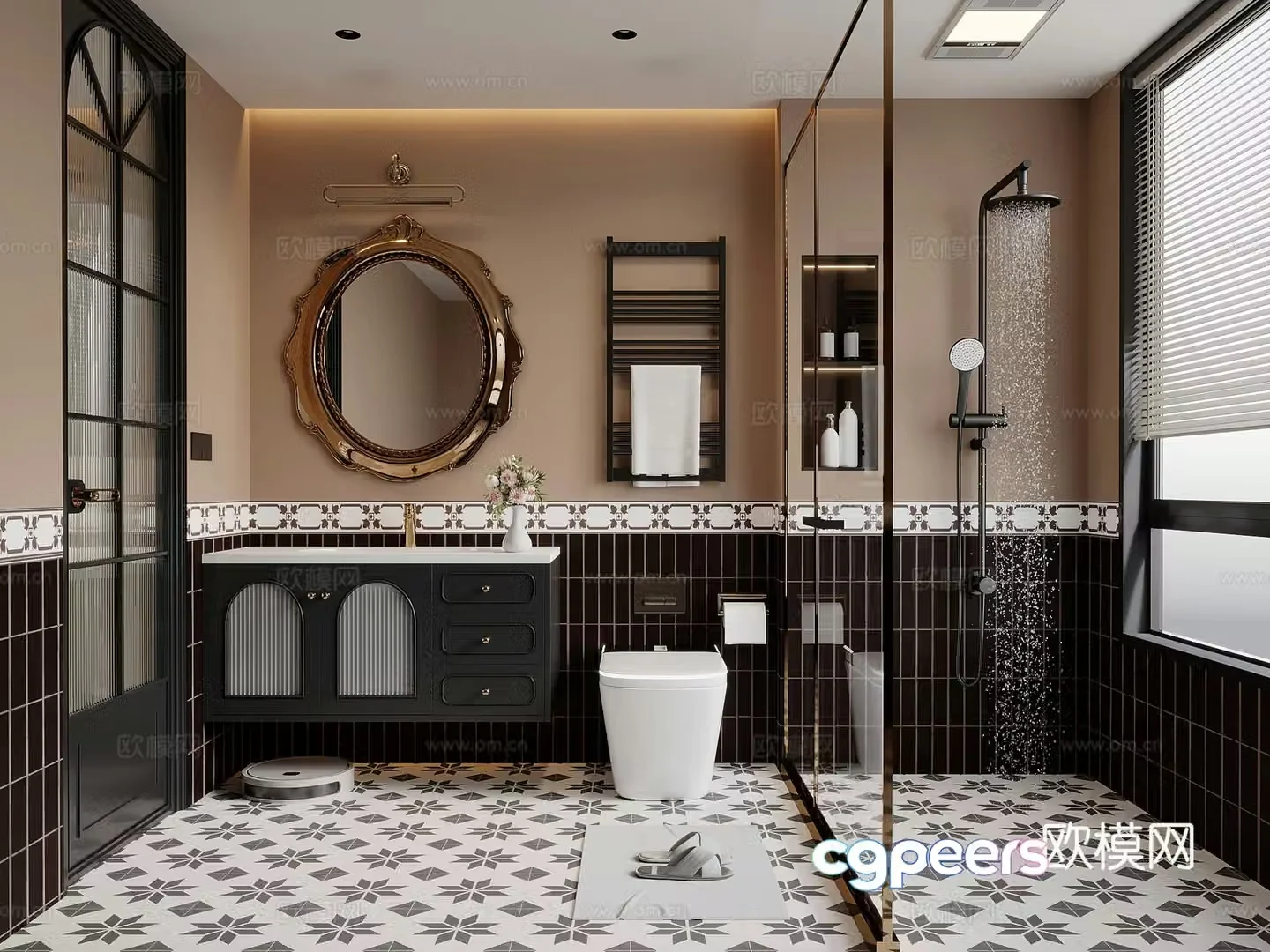French retro style bathroom bathroom cabinet shower toilet 3d model