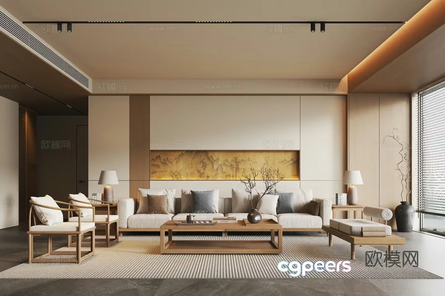 New Chinese style Song style living room solid wood sofa coffee table combination solid wood single chair sofa edge table lamp 3D model