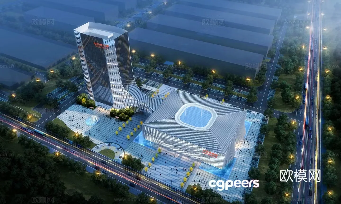 Aerial view of commercial complex at night 3D model