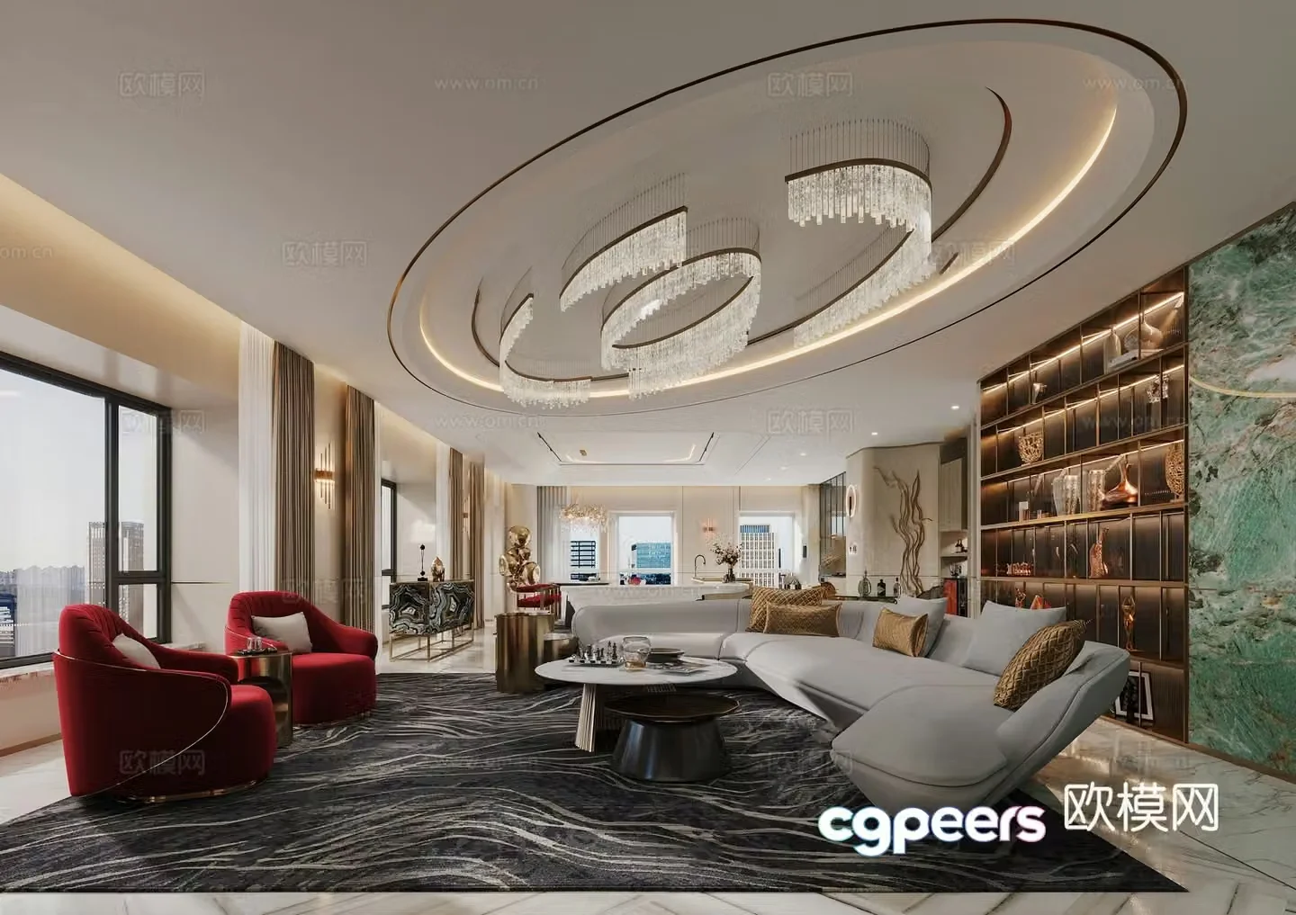 Modern light luxury living dining room open kitchen Zhongdao Island dining table entrance hall aisle entrance hall 3D model