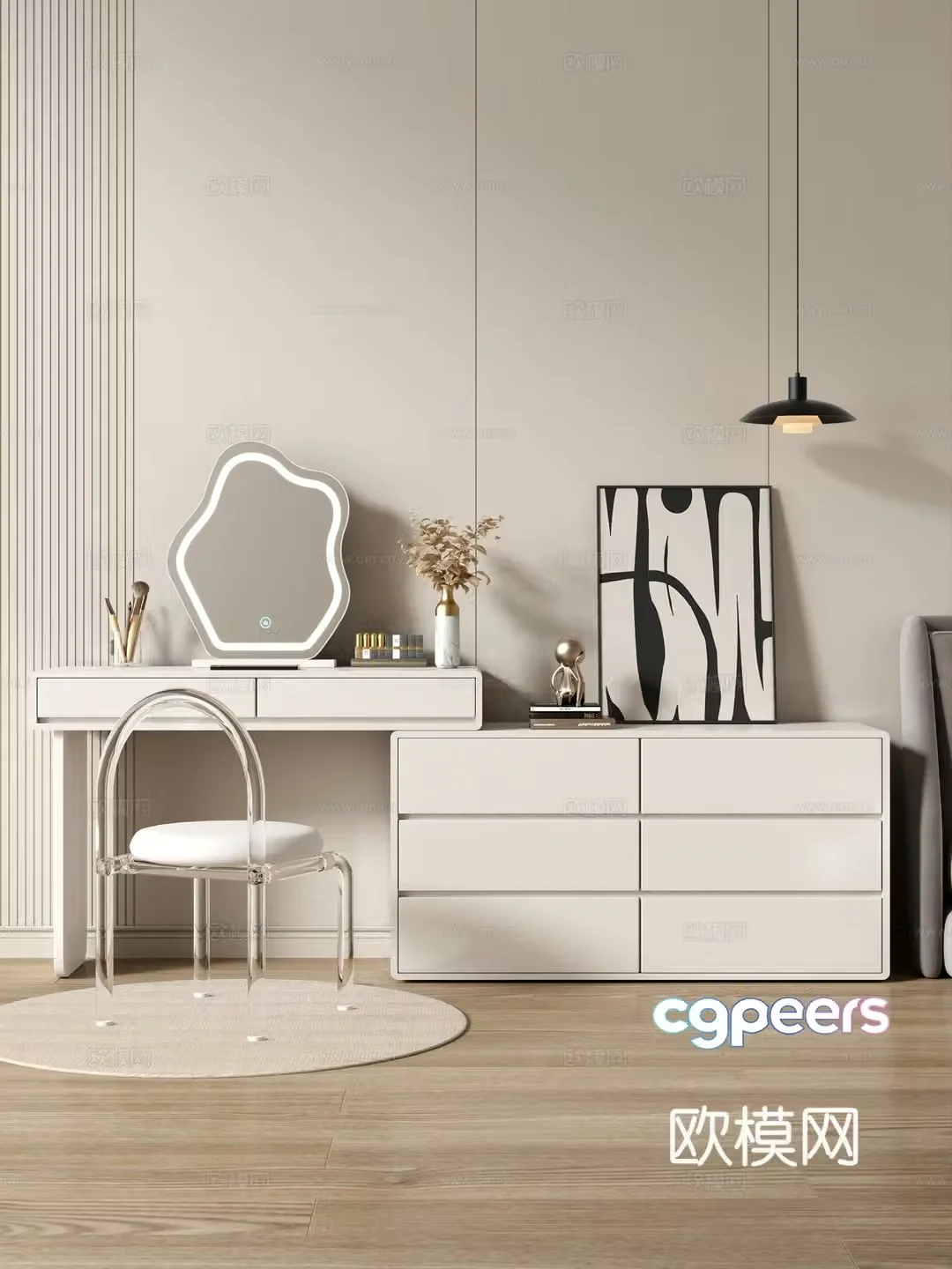 Cream style dressing table makeup stool combination dressing table makeup stool mirror decoration hanging painting 3D model