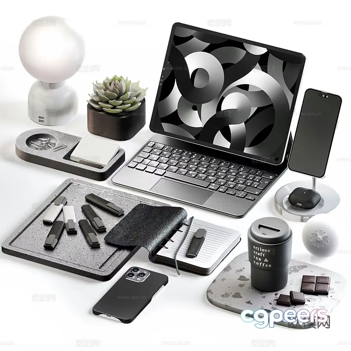 Modern tablet computer keyboard coffee cup 3D model