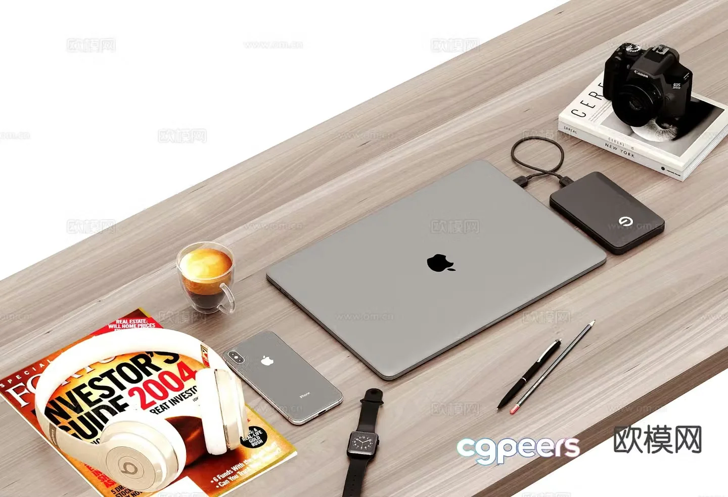 Office supplies books camera mobile phone 3d model