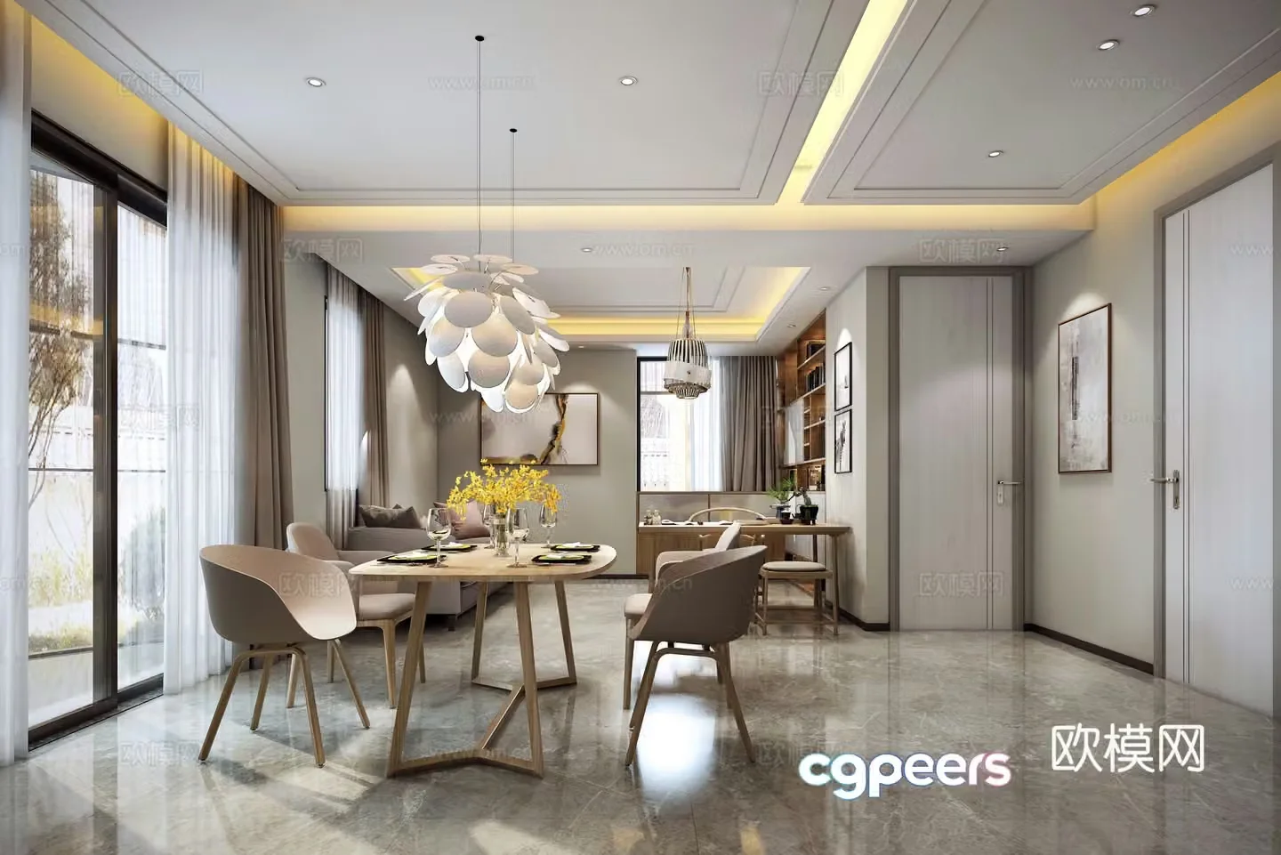 Modern living room dining table chair cabinet sofa chandelier 3d model