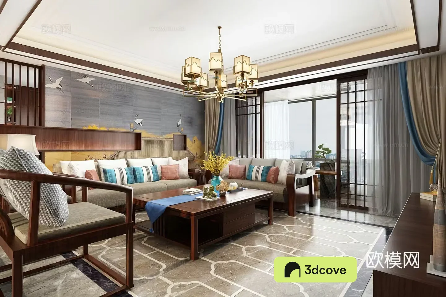 New Chinese style living room entrance chandeliers sofa coffee table TV cabinet wall light