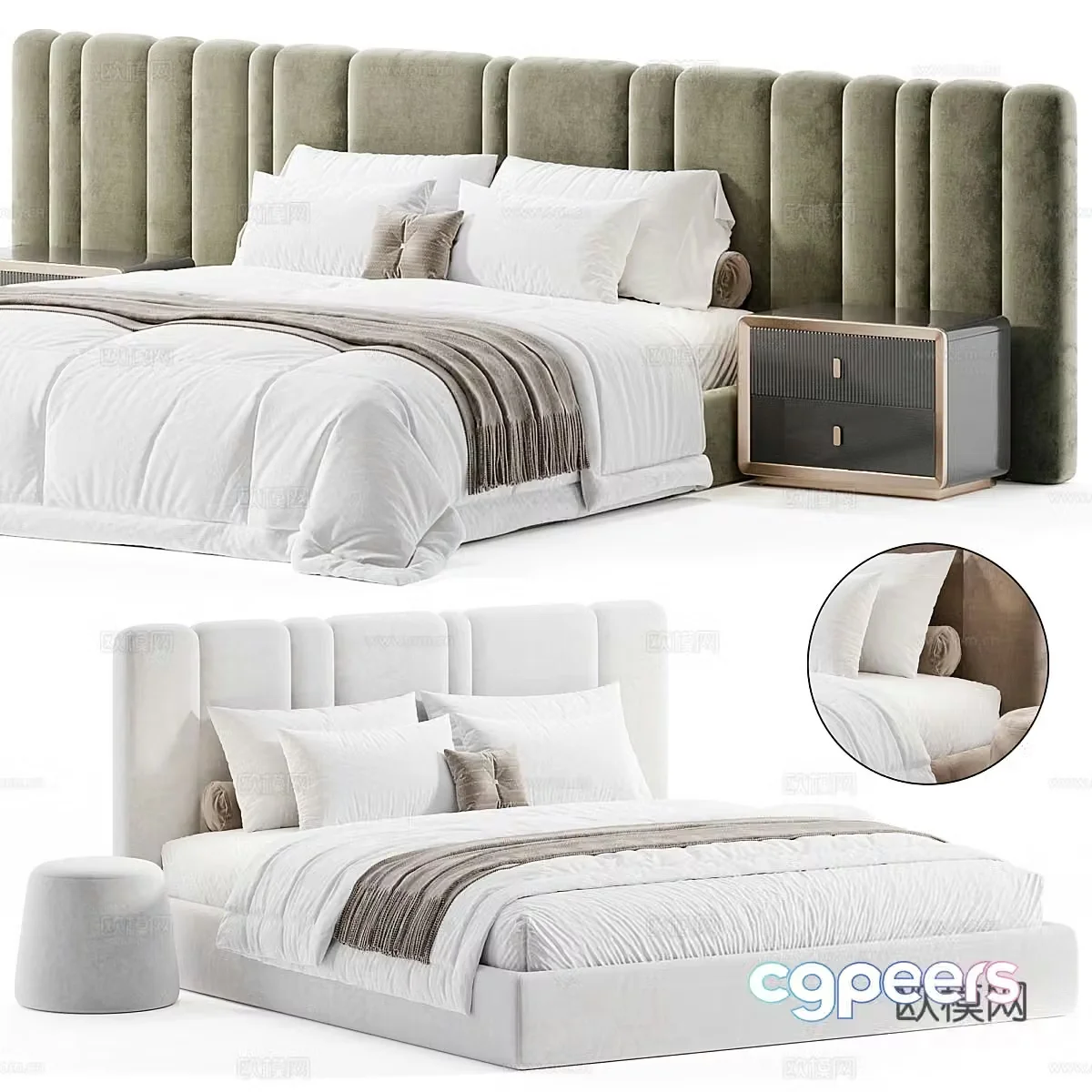Modern light luxury cream style fabric double bed 3D model