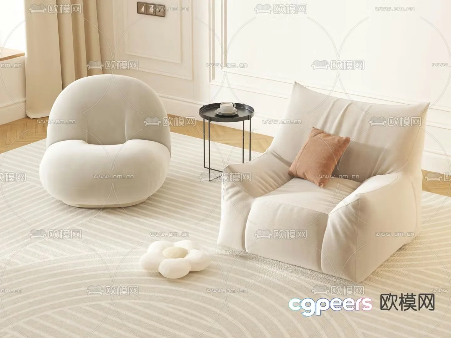Cream style sofa single sofa lazy sofa 3d model