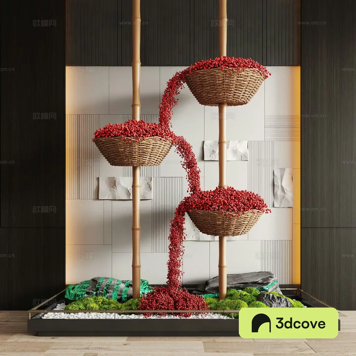 New Chinese-style landscape landscaping Brucea Landscape Stone Art installation Rattan weaving installation