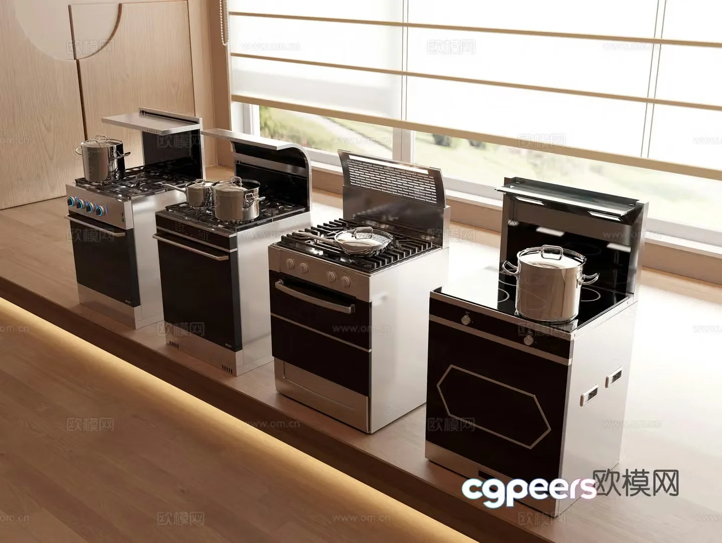 Integrated stove Integrated stove combination Kitchen pots and 3D model of kitchen appliances