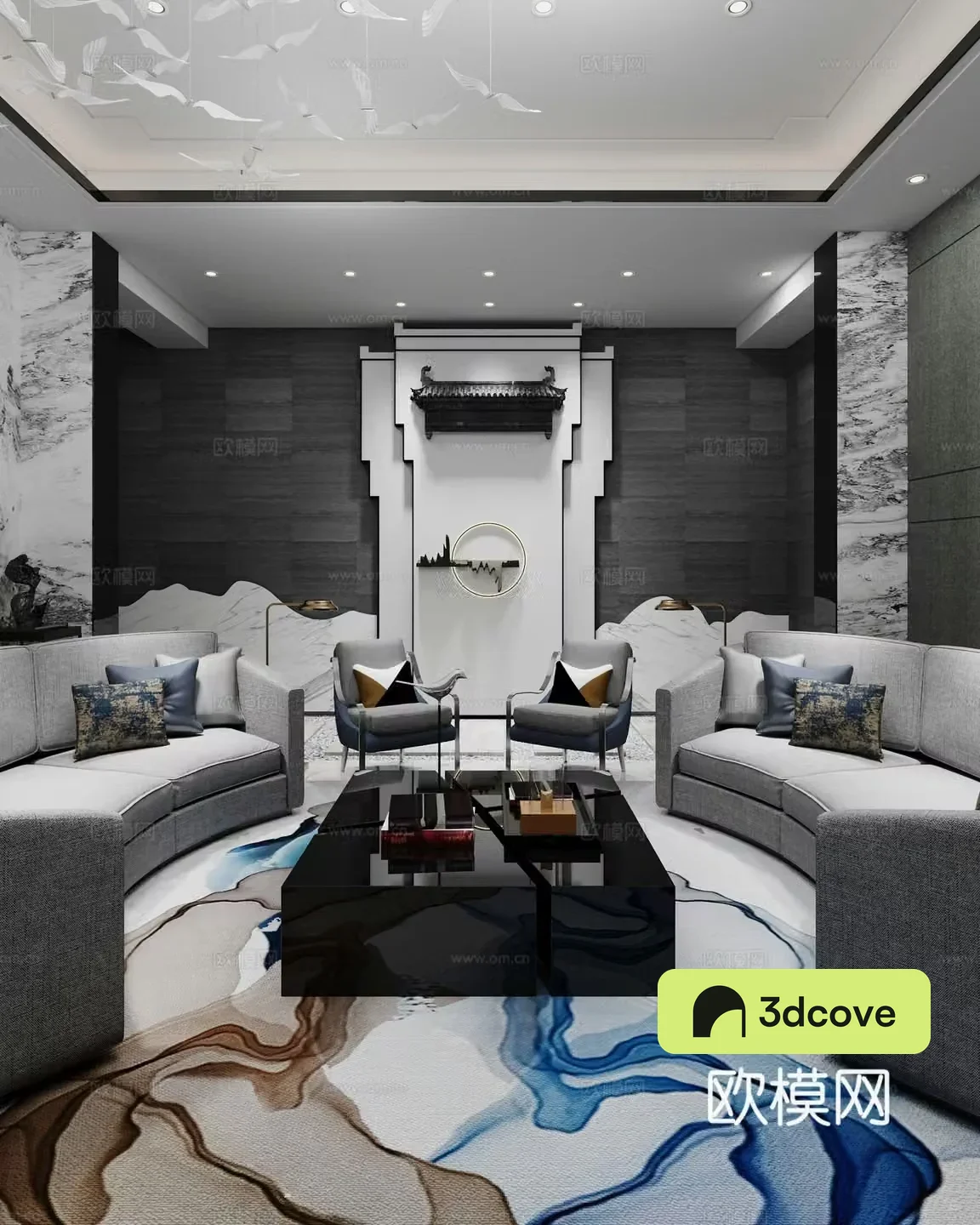 New Chinese style living room coffee table sofa single chair eaves bird light