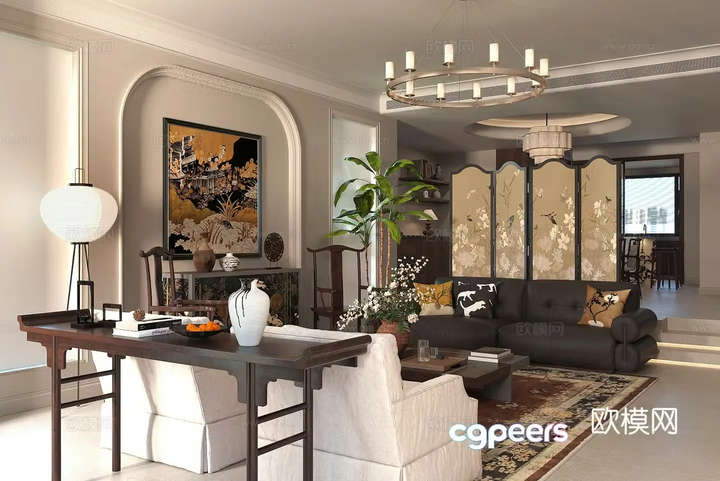 Medium style home living room sofa and coffee table combination horizontal room and living room French retro style living room 3D model