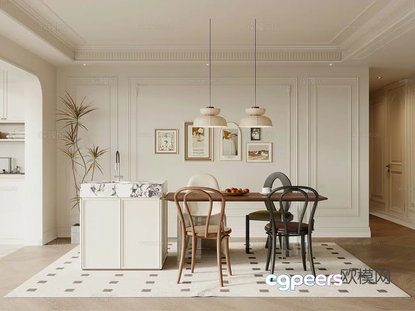 Home restaurant French cream restaurant Dining table and chair combination 3D model