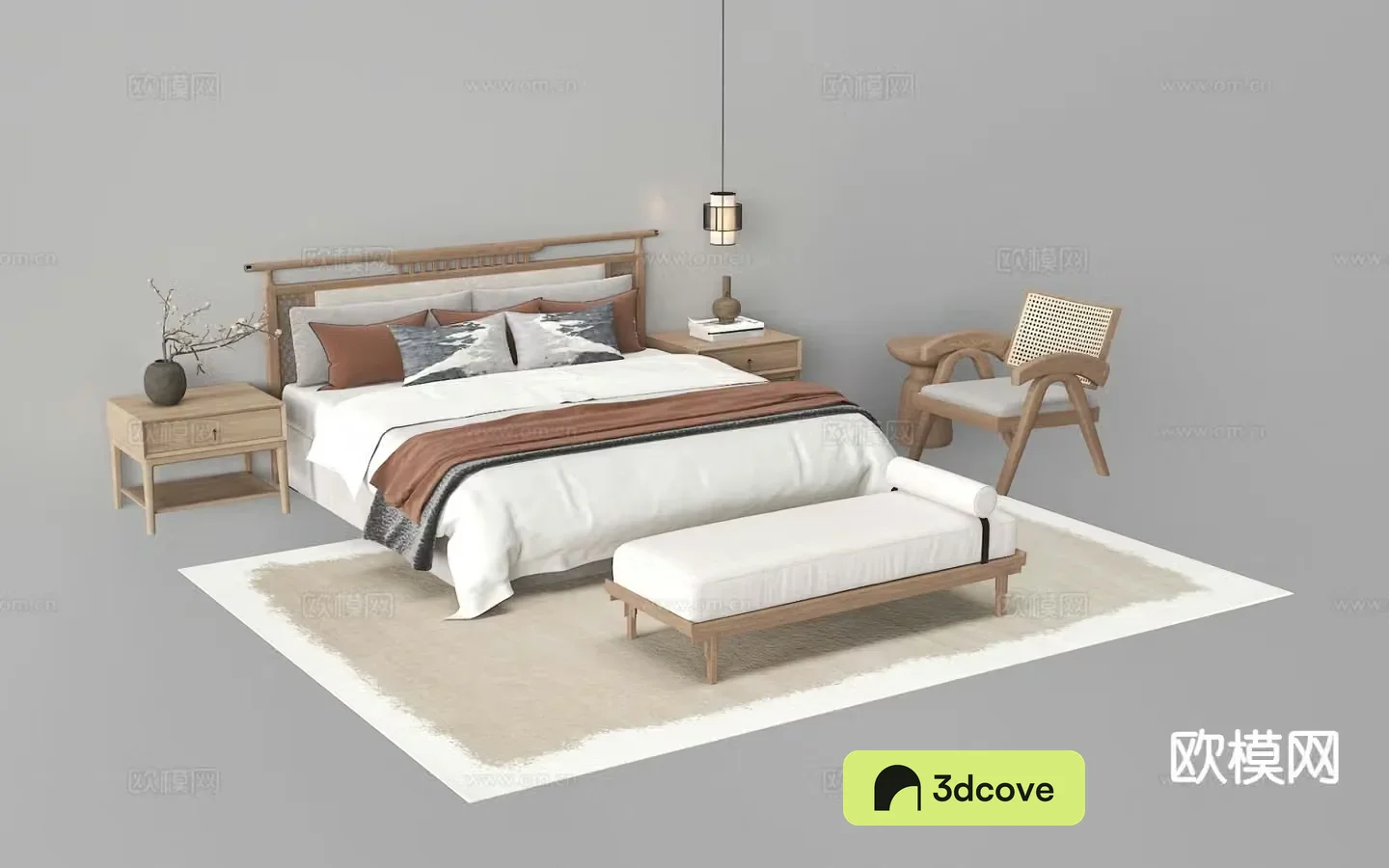 New Chinese style double bed fabric bed solid wood bed