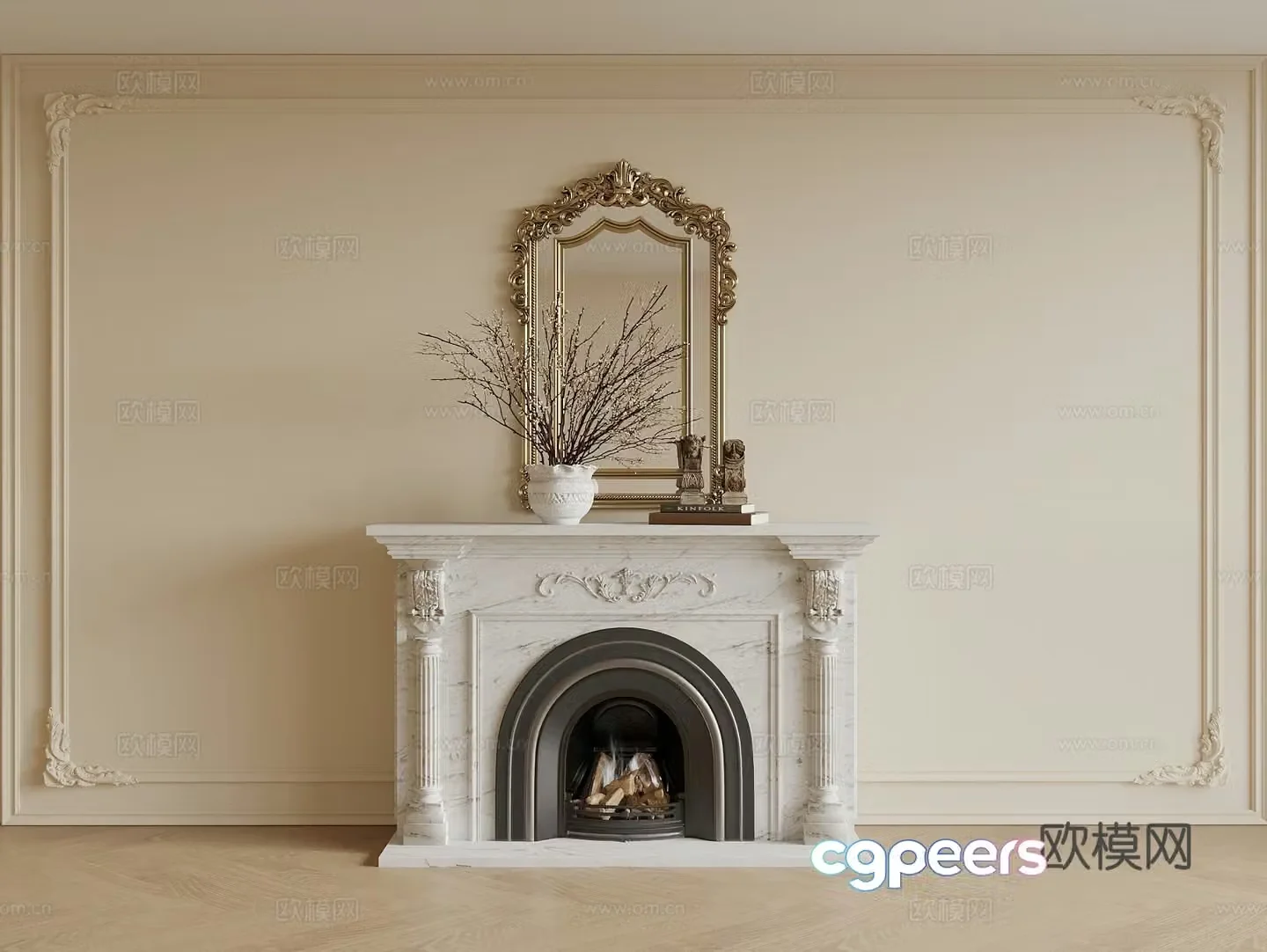 French fireplace European fireplace Mirror Table lamp Plaster line background wall 3d model