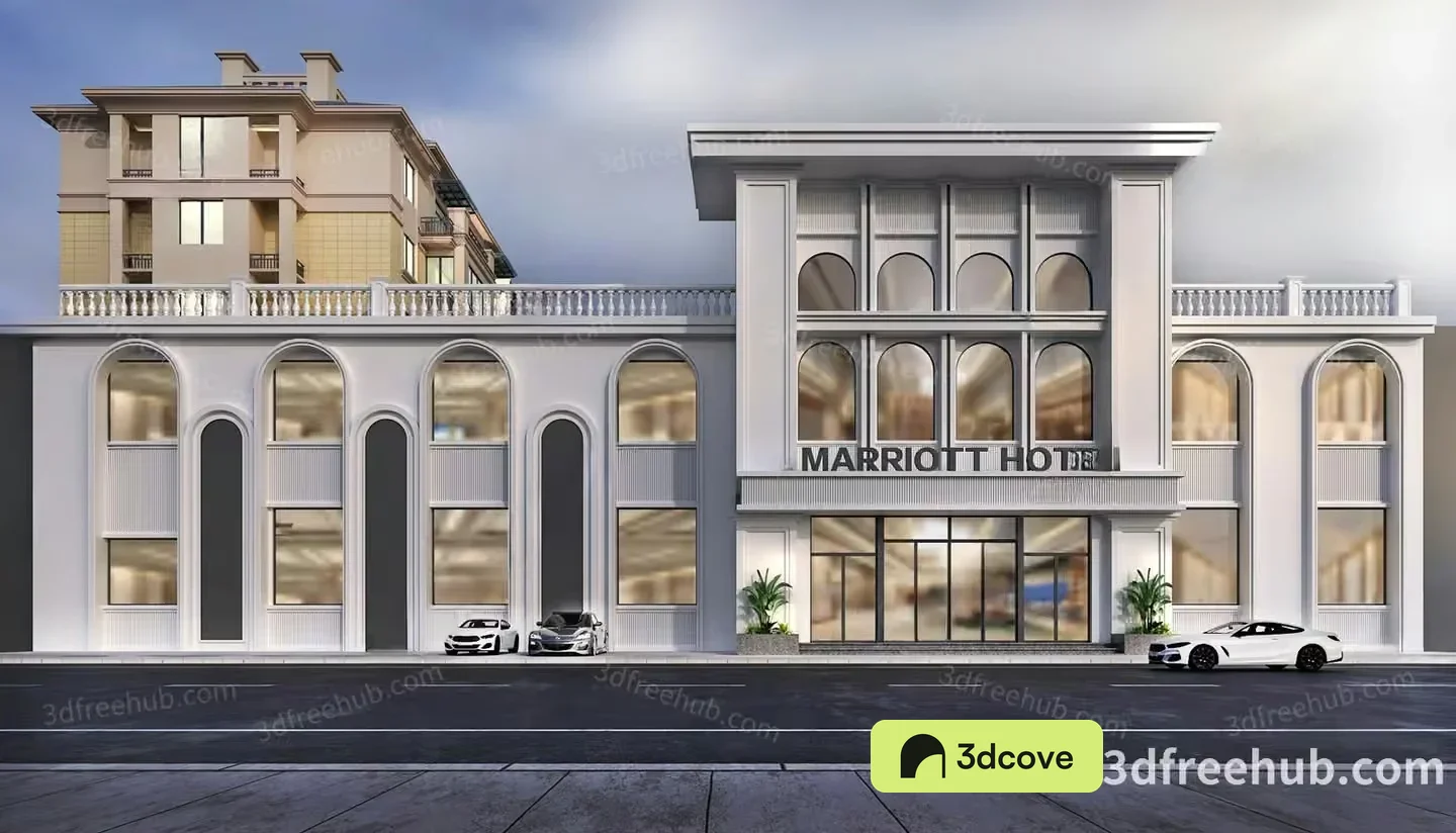 A Marriott Hotel Building With Cars Parked In Front