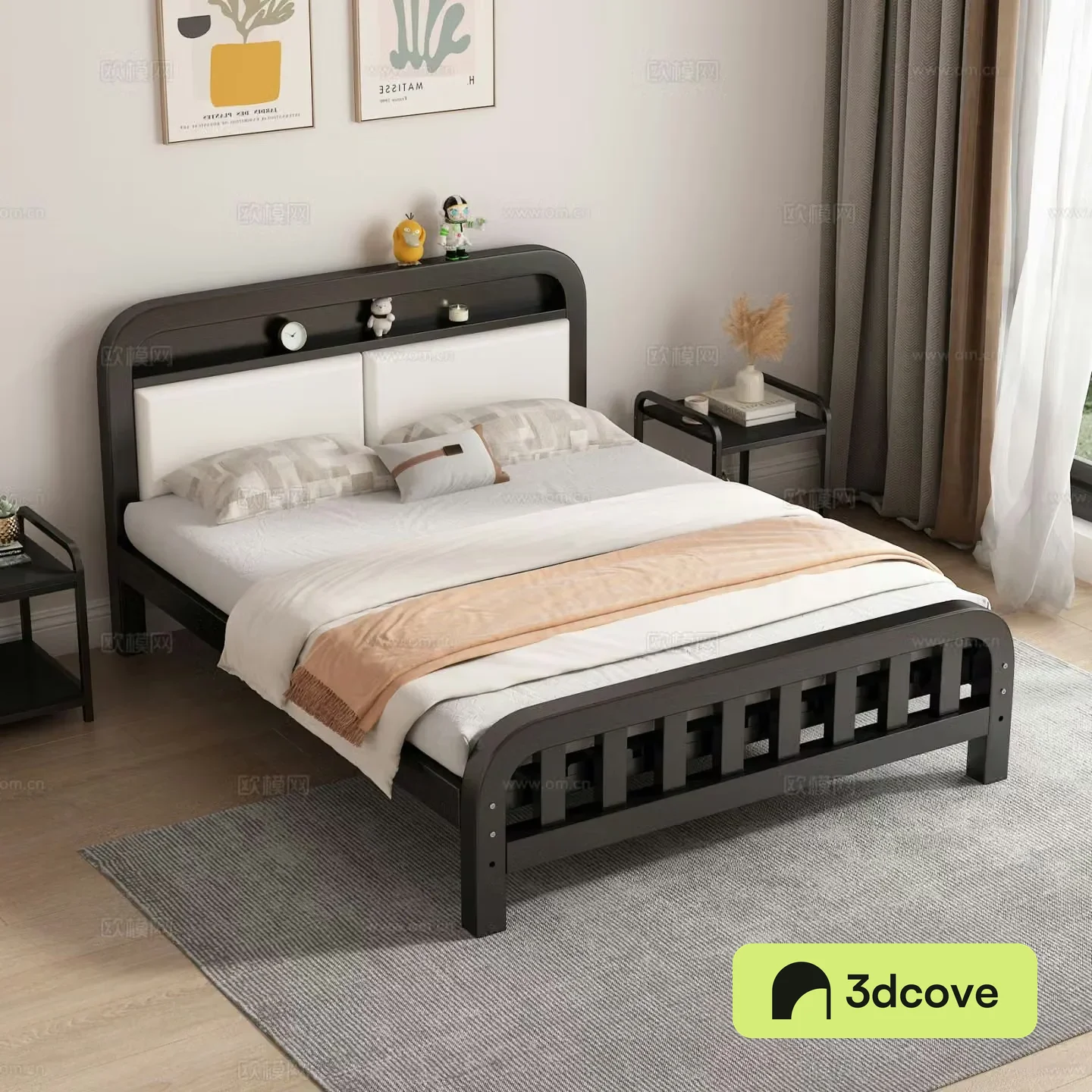 Nordic double bed with bedside table backrest soft iron bed master bedroom bed bedside table decorative painting