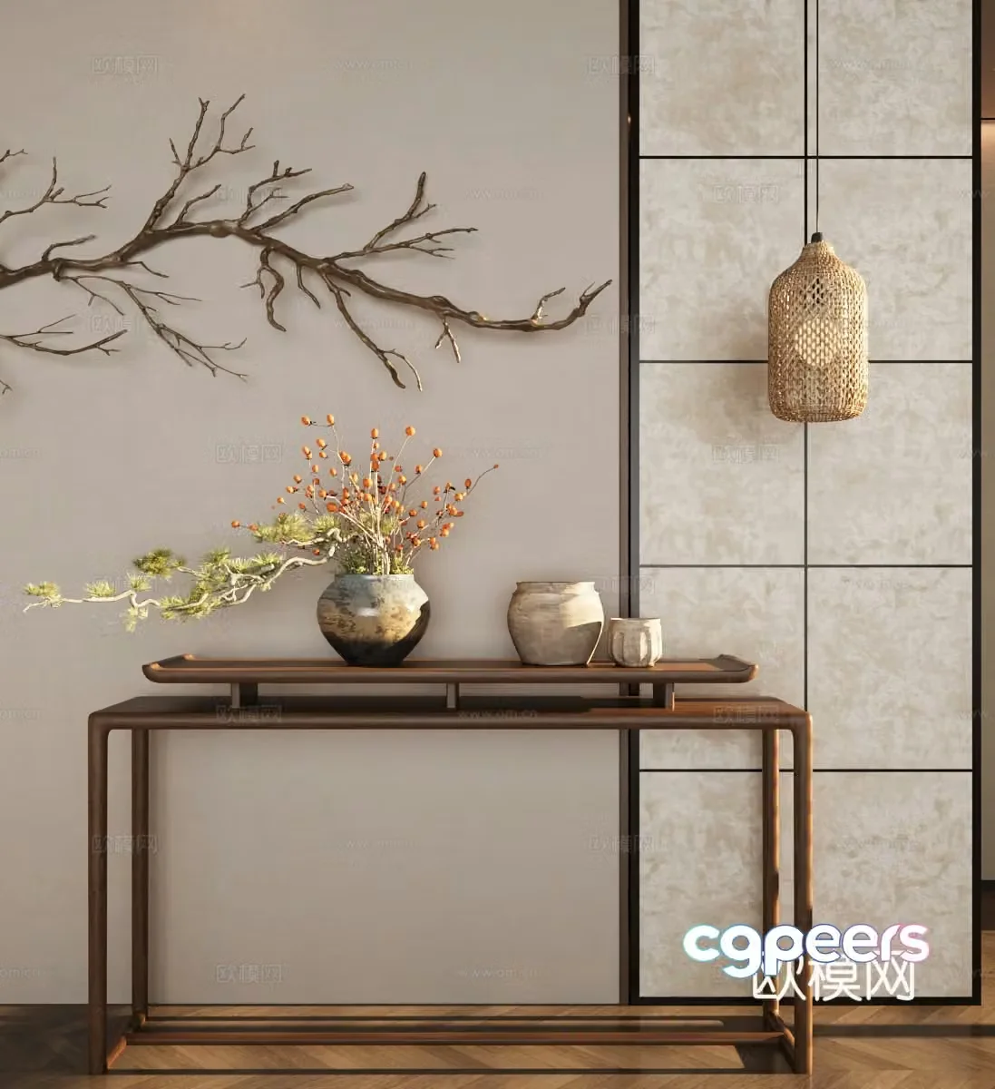 New Chinese style plan end view platform ornament combination floral ornament 3D model