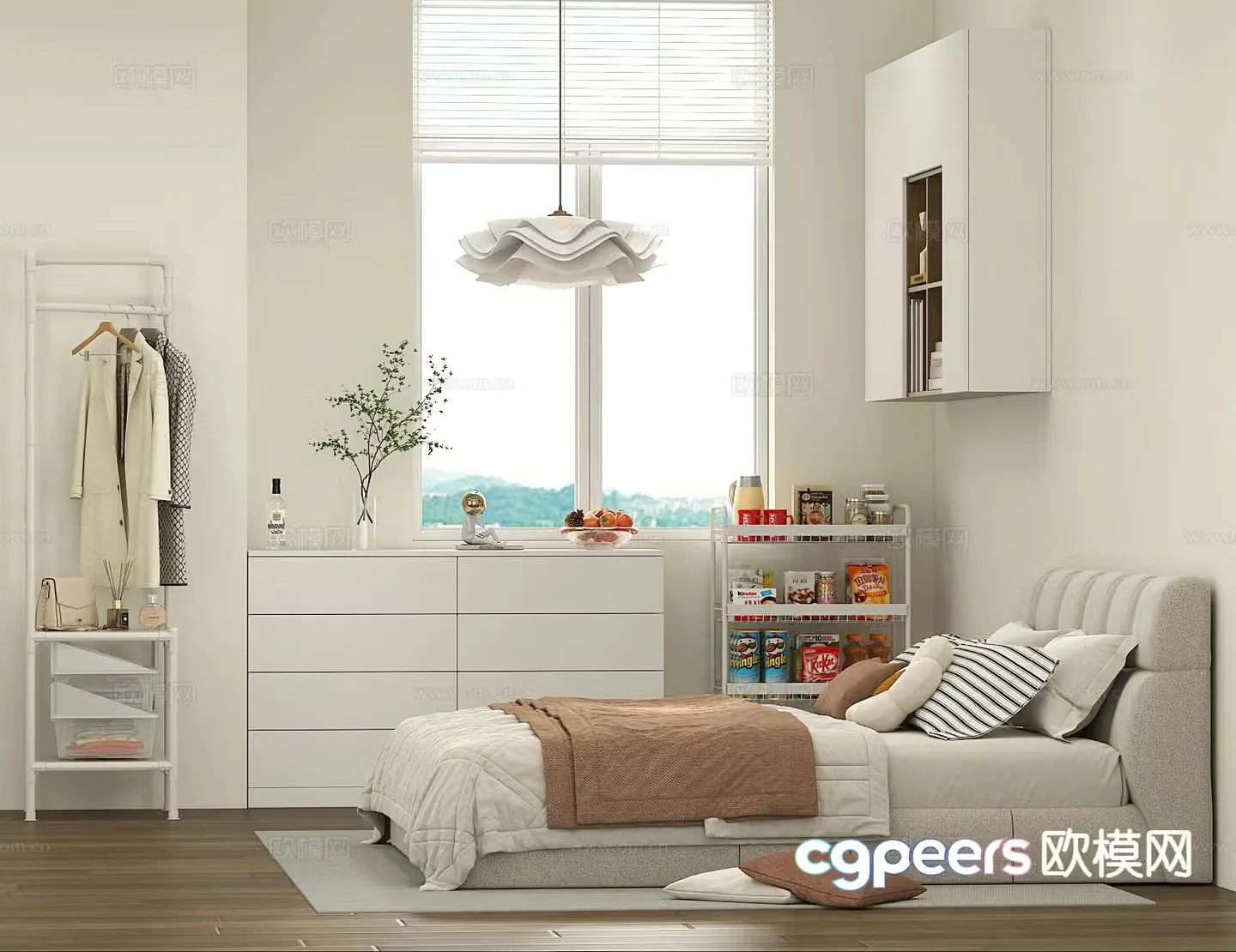 Modern single bed cupboard snack rack 3D model