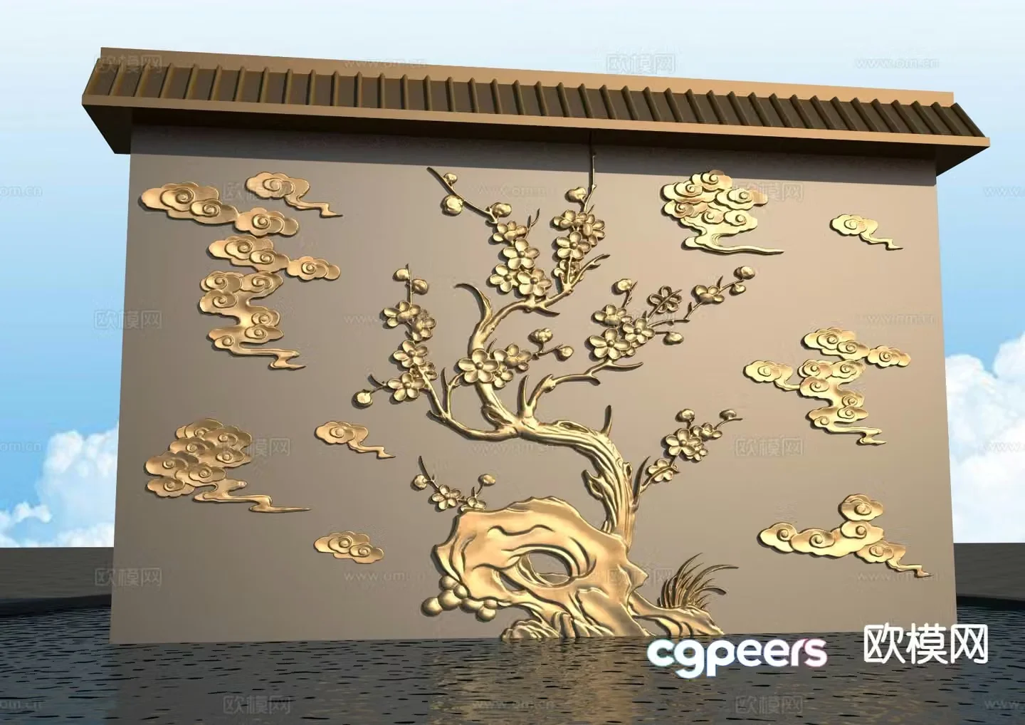 New Chinese style plum blossom relief landscape wall 3D model