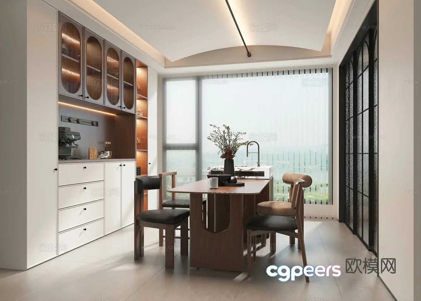 Middle style restaurant Middle style dining table Skyline lamp Wine cabinet 3d model