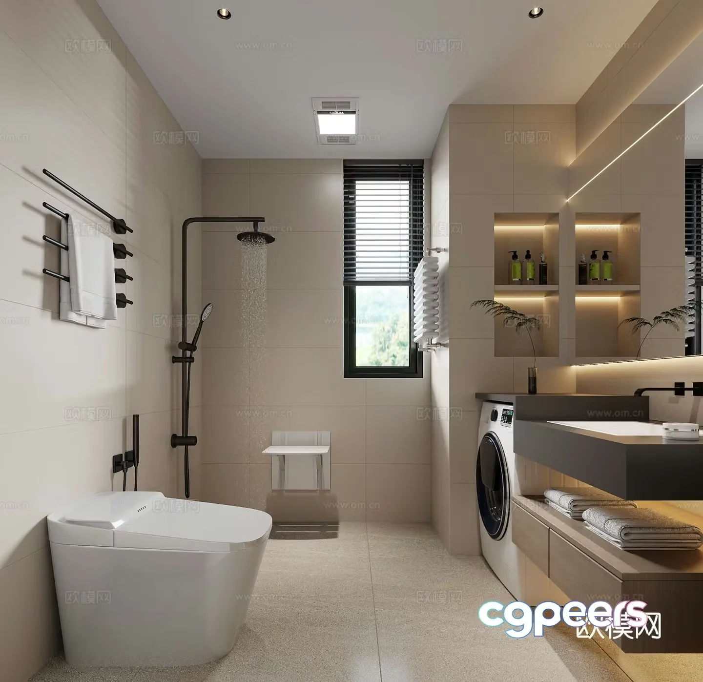 Modern minimalist bathroom Italian bathroom Creamy bathroom Shower partition 3D model