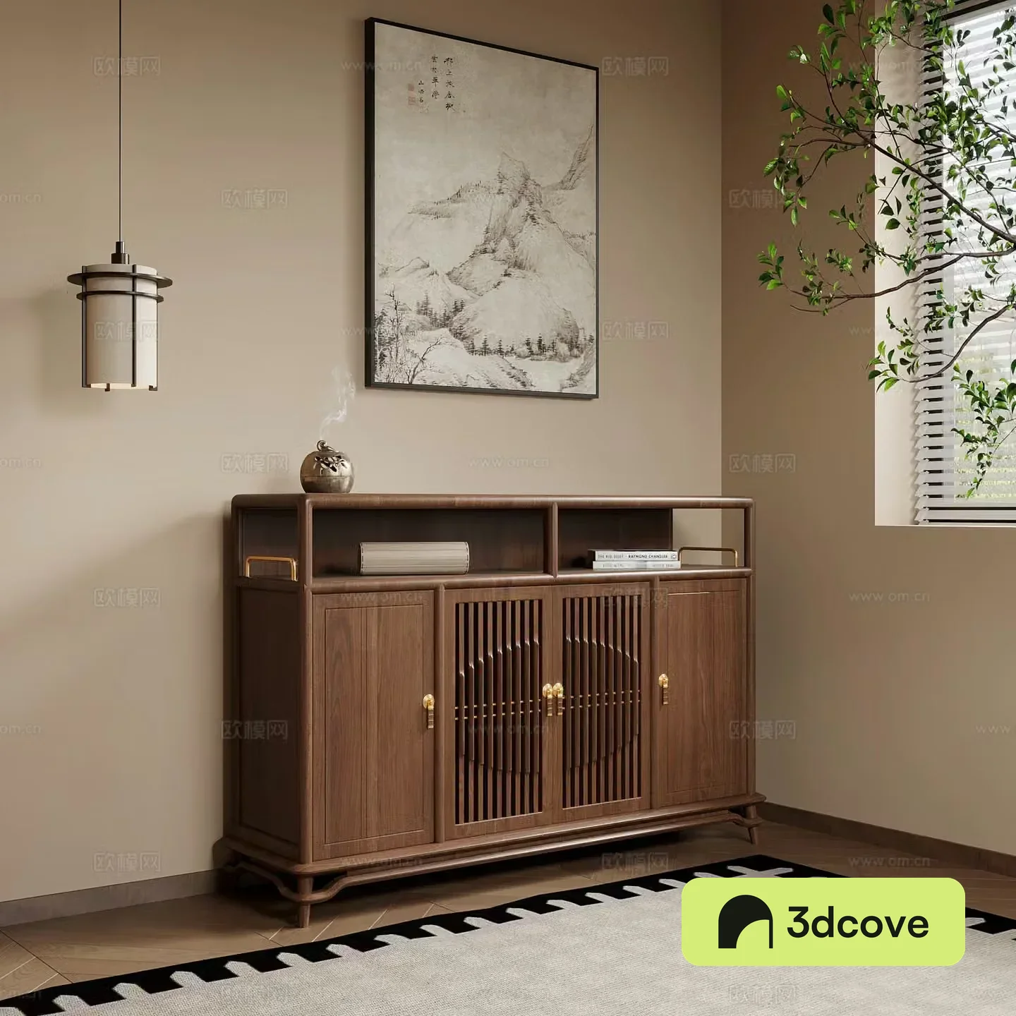 Porch cabinet New Chinese style porch cabinet Side cabinet Decorative painting Chandelier