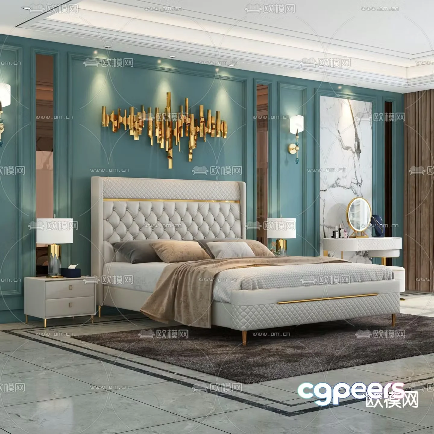 Italian light luxury bed double bed 3d model