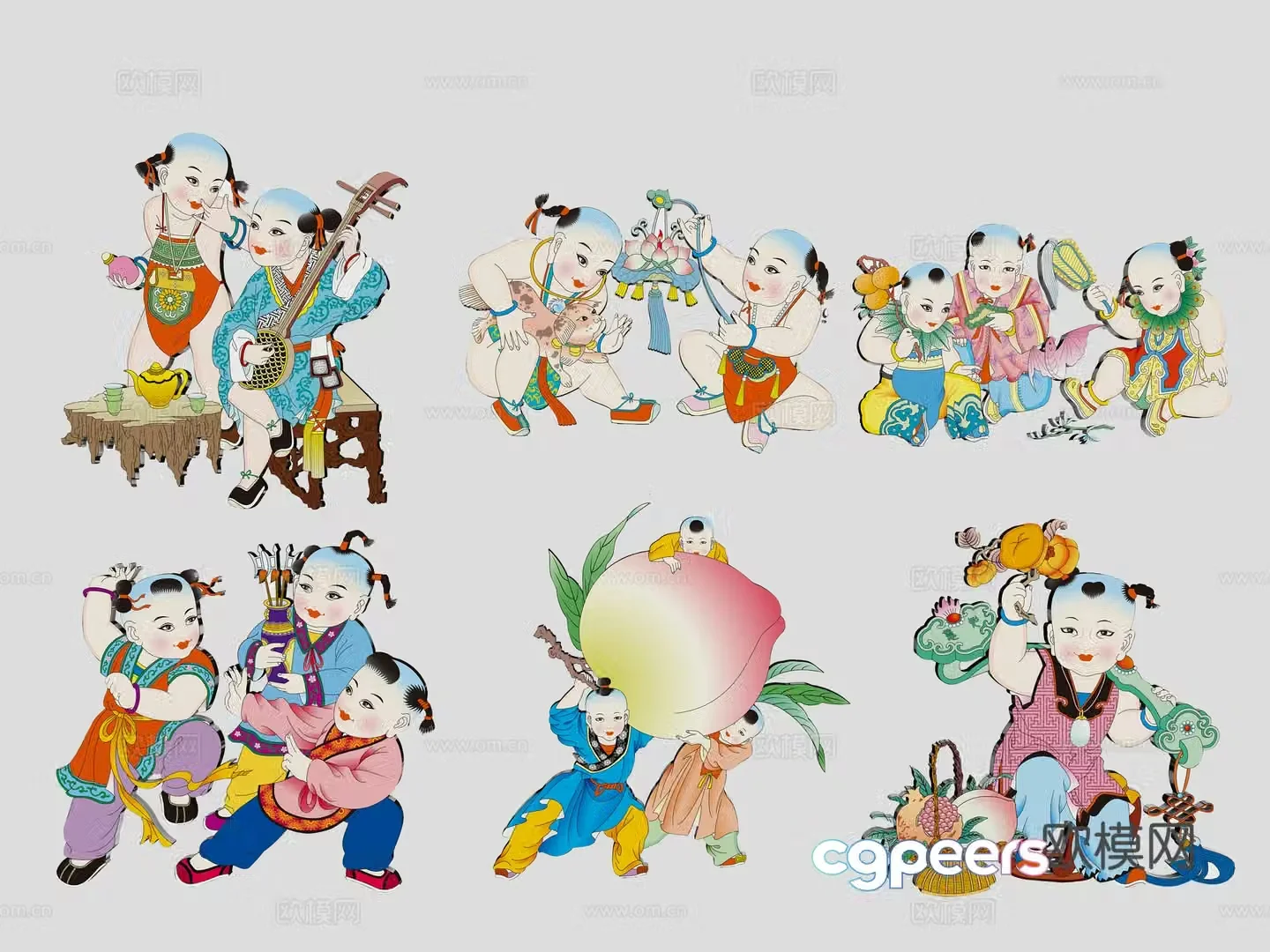 New Year painting auspicious and wealthy children boys tradition hand-painted wall decoration decoration elements symbols 3d model
