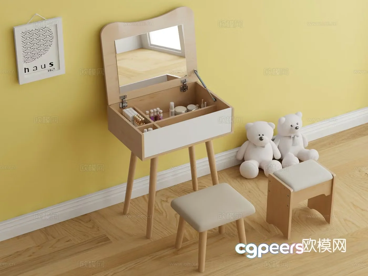 Cream style dressing table Internet celebrity solid wood dressing table 3D model