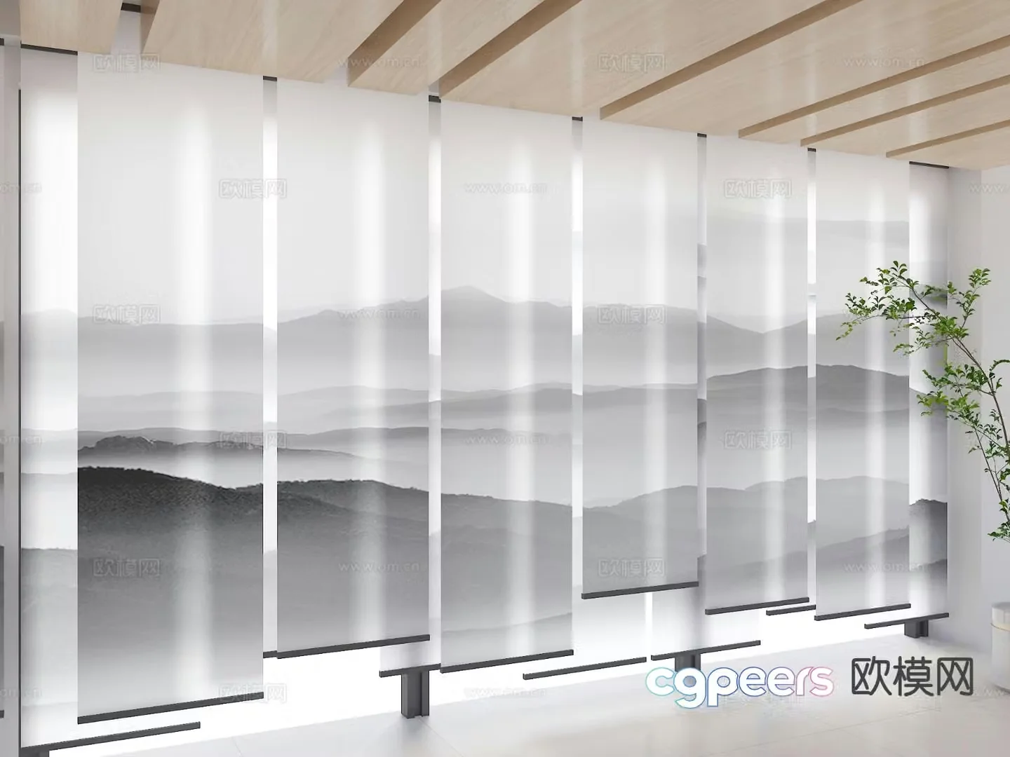New Chinese Zen gauze curtain ink painting gauze curtain 3D model