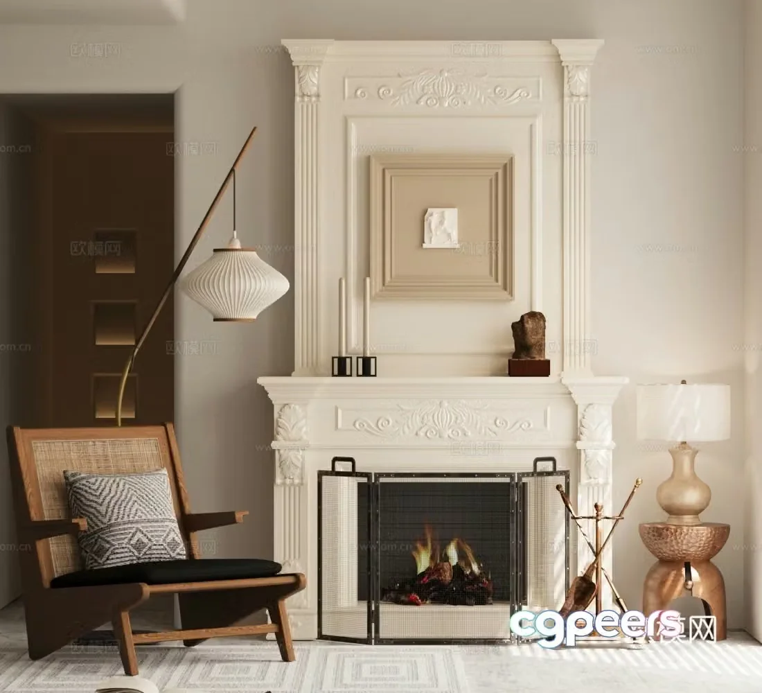 Middle fireplace leisure chair floor lamp ornament combination 3D model