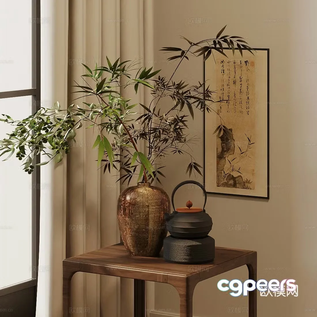 New Chinese Zen flower art medieval potted plants Wasabi flower art Wasabi plant ornaments 3D model