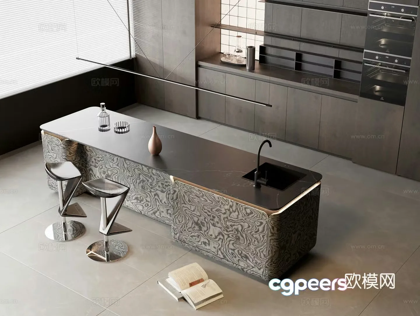 Marble bar dining table Zhongdao water bar dining table solid wood sideboard casual bar chair oven group 3D model
