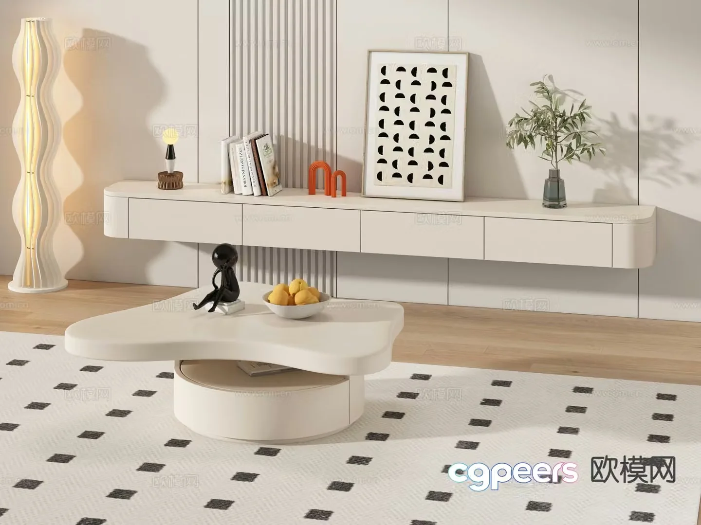 Cream style TV cabinet coffee table 3D model