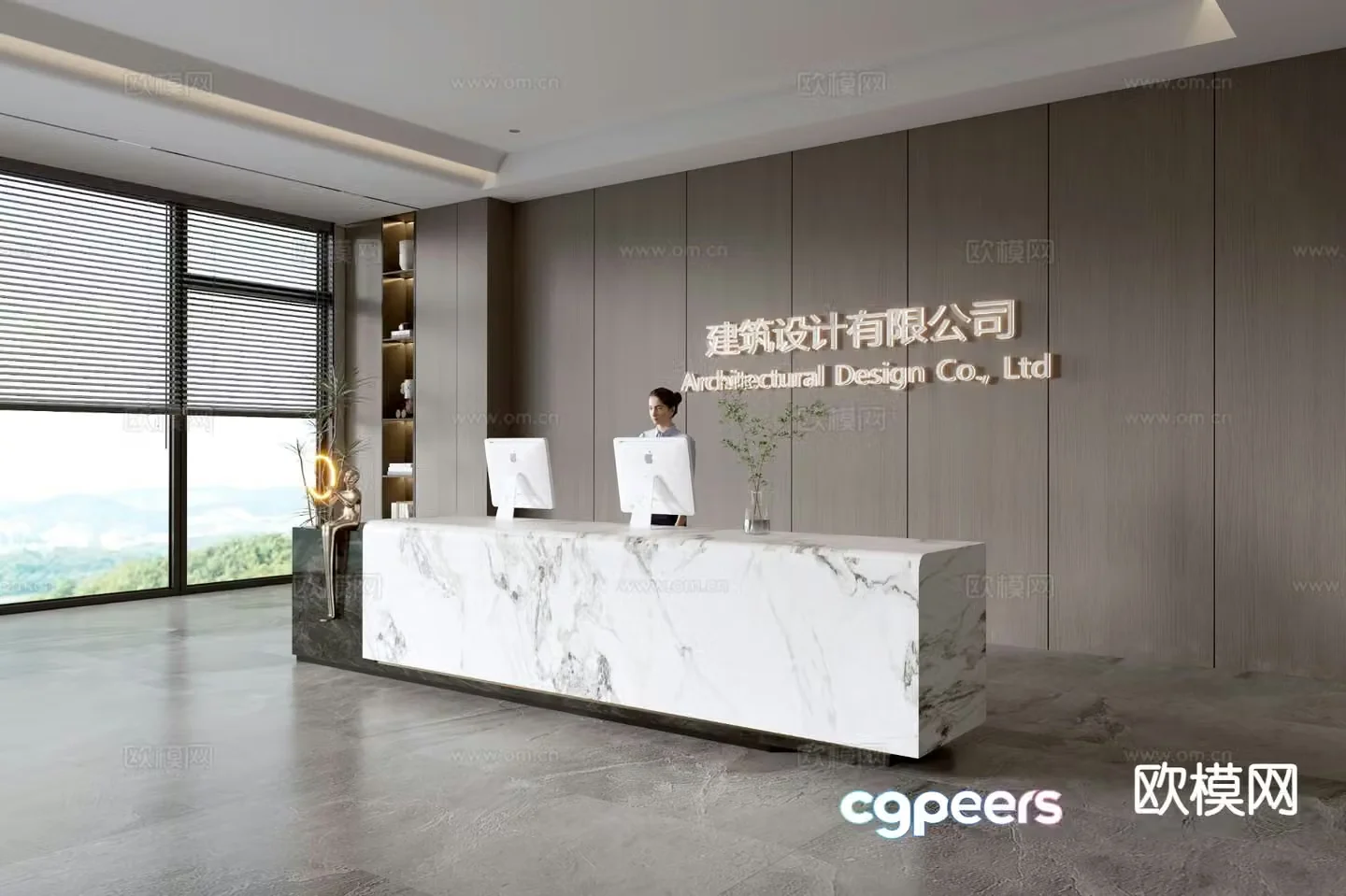 Modern company front desk reception desk corporate wall 3d model