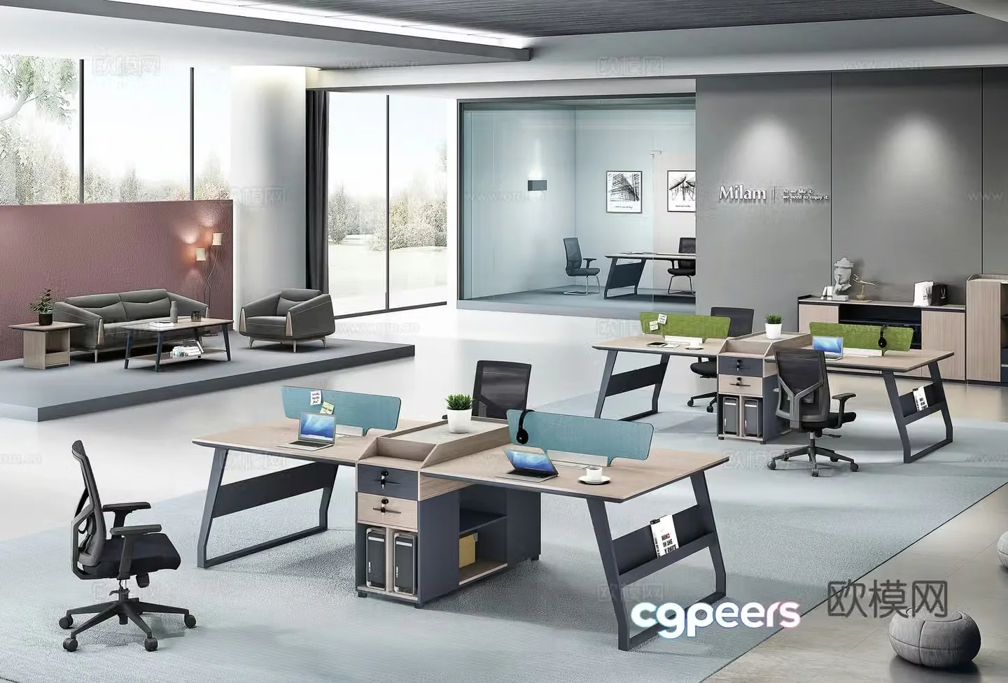 Working equipment office space office office area staff desk and chair 3d model
