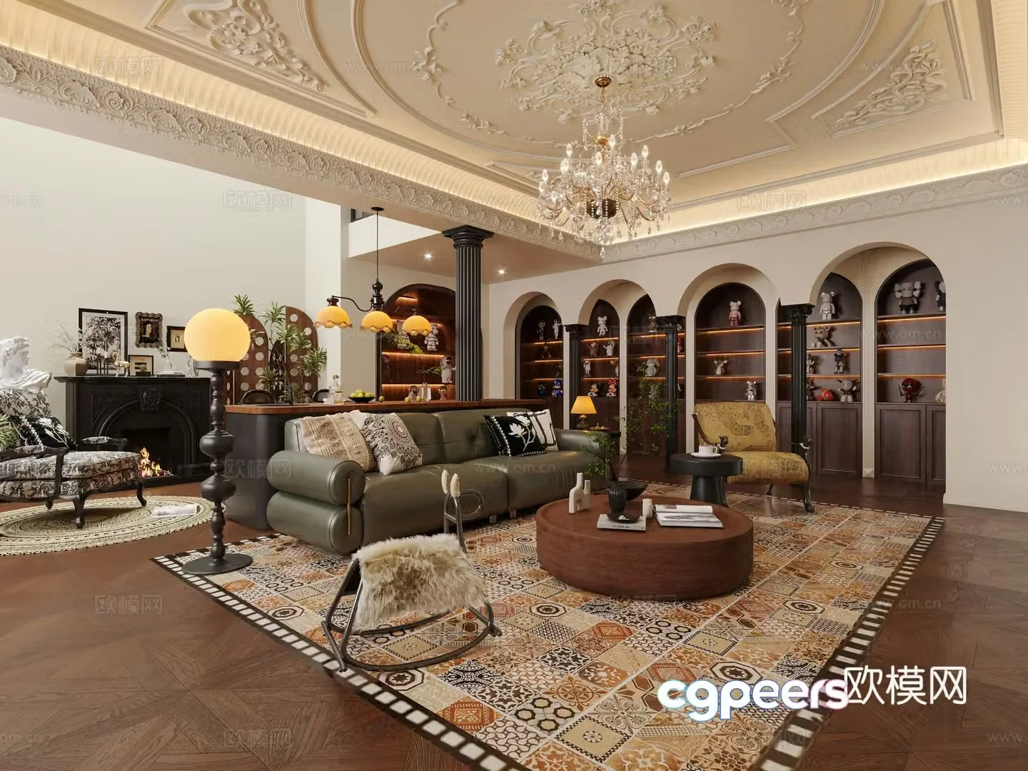 French retro living room French retro leisure chair sofa coffee table combination Roman column French retro hanging 3D model