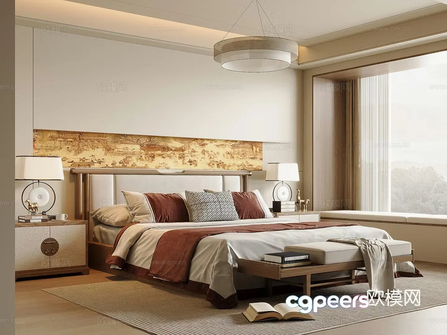 New Chinese style bedroom Song style solid wood double bed bed nightstand bed end stool Chinese style chandelier 3D model