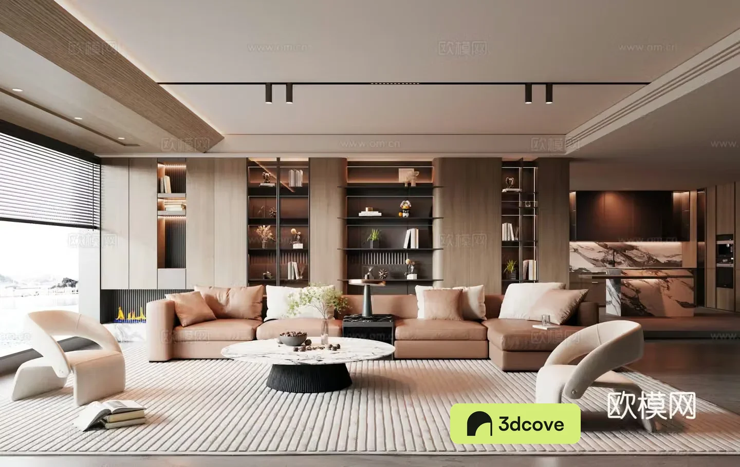 Modern Italian dining room decorative bookcase background wall sofa coffee table combination spotlight island cabinet