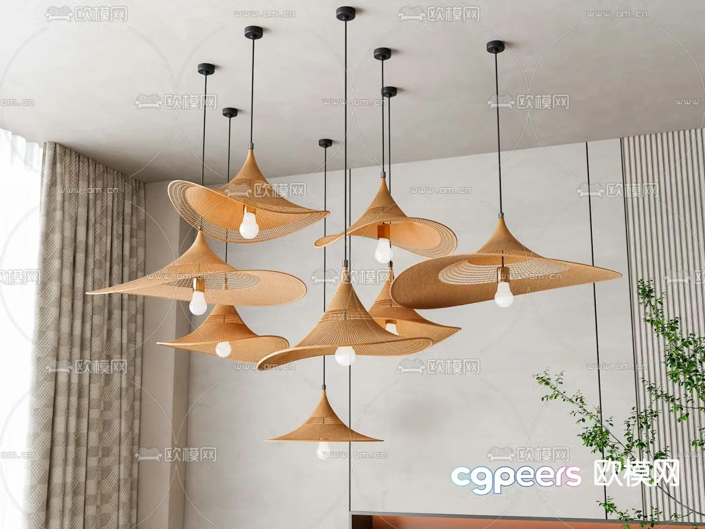 Wabi-sabi style chandelier straw hat chandelier 3d model