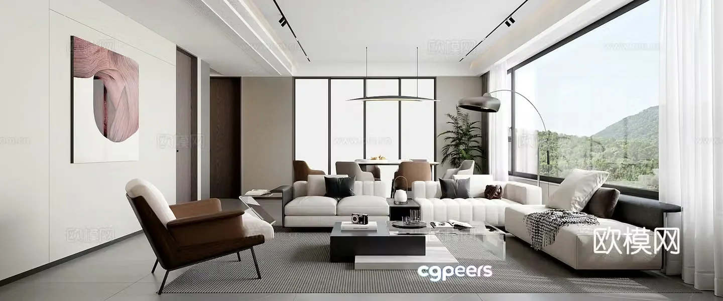 Modern minimalist living and dining room 3D model
