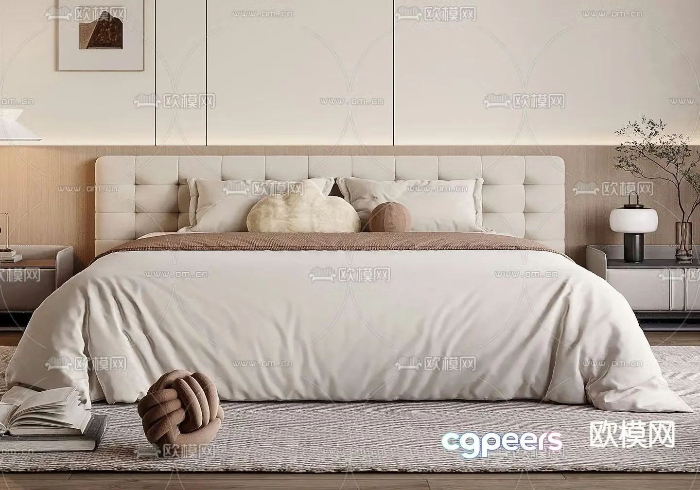 Cream style double bed 3d model