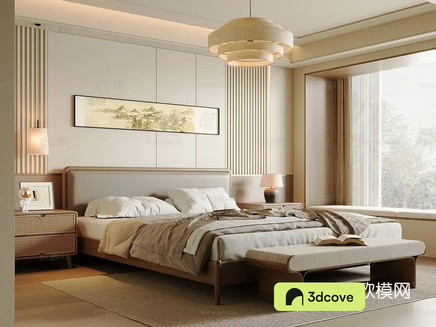 New Chinese style bedroom Song style solid wood double bed nightstand bed end stool Chinese style chandelier