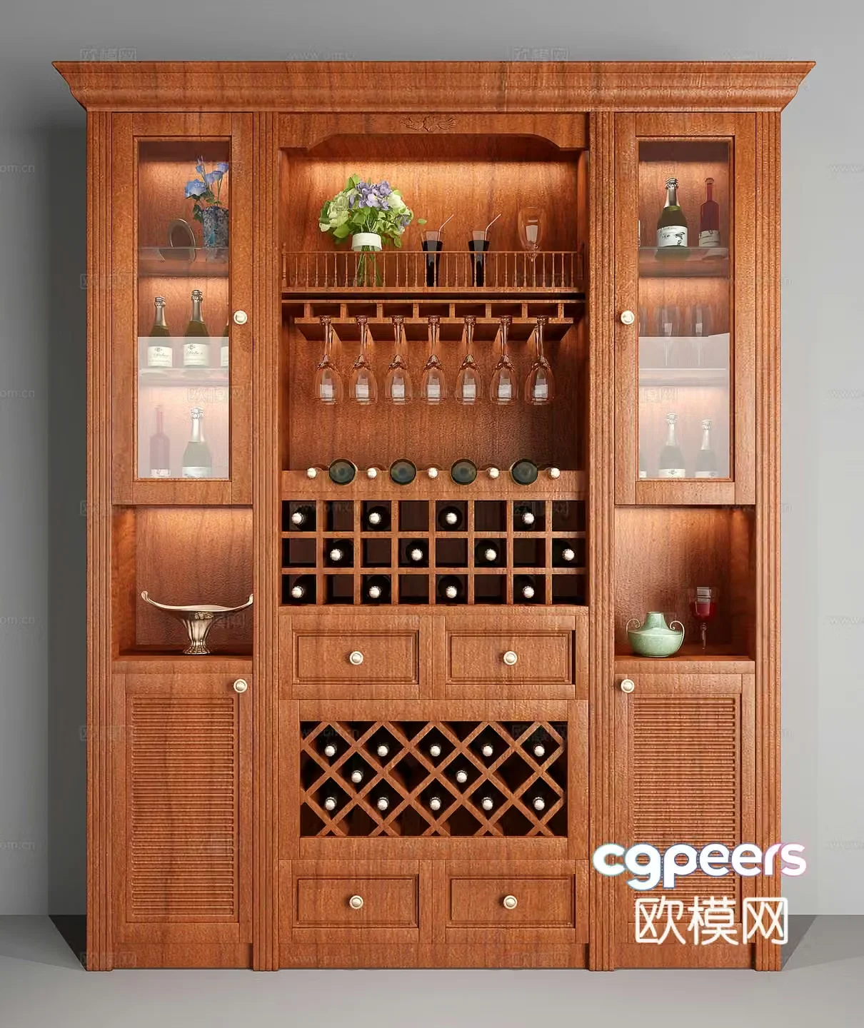 American solid wood wine cabinet 3D model