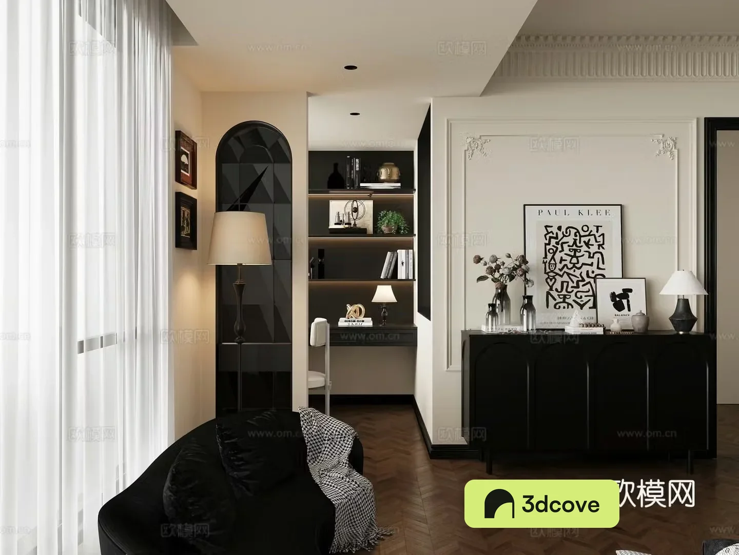 Middle style black and white gray French master bedroom 3D model